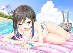 Rule 34 | &gt; &lt;, 1girl, air mattress, anchor symbol, asashio (kancolle), beach, bikini, black hair, blue eyes, blue sky, blurry, blush, breasts, cannon, cloud, cloudy sky, day, depth of field, dutch angle, front-tie bikini top, front-tie top, gotou hisashi, kantai collection, long hair, looking at viewer, lying, navel, ocean, on side, open mouth, outdoors, palm tree, rensouhou-chan, scrunchie, side-tie bikini bottom, sky, small breasts, smile, solo, swimsuit, tree, turret, water drop, white bikini, wrist scrunchie