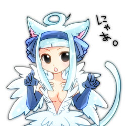 Rule 34 | angel (fairy tail), animal ears, breasts, cat ears, cleavage, elbow gloves, fairy tail, feathers, gloves, hairband, tail, text focus, translation request, white hair