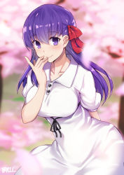 Rule 34 | 1girl, arm behind back, black ribbon, blurry, blurry background, breasts, brll, cherry blossoms, collarbone, dress, fate/stay night, fate (series), hair between eyes, hair ribbon, highres, large breasts, leaning forward, long hair, looking at viewer, matou sakura, official alternate costume, purple eyes, purple hair, red ribbon, rei no himo, ribbon, short sleeves, signature, smile, solo, standing, sundress, white dress
