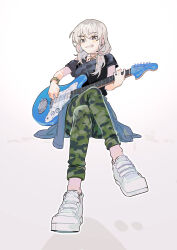 Rule 34 | 1girl, absurdres, black shirt, blush, bracelet, camouflage, camouflage pants, choker, clenched teeth, crossed legs, earclip, full body, girls band cry, grey eyes, grey hair, guitar, highres, holding, holding guitar, holding instrument, instrument, invisible chair, jewelry, kawaragi momoka, long hair, looking at viewer, multicolored hair, open mouth, pants, playing guitar, roots (hair), shirt, short sleeves, sidelocks, simple background, sitting, solo, teeth, white background, white footwear, ydpfa