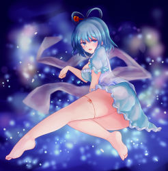 Rule 34 | 1girl, aqua dress, ass, bare legs, barefoot, blue background, blue eyes, blue hair, blurry, blurry background, blush, bokeh, breasts, commentary request, depth of field, dress, feet, frills, full body, hagoromo, hair ornament, hair rings, hair stick, highres, kaku seiga, large breasts, light particles, lying, on side, open mouth, puffy short sleeves, puffy sleeves, shawl, short hair, short sleeves, soles, solo, string, thighs, totolarc, touhou, vest, white vest