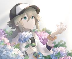 Rule 34 | 1boy, aged down, bangle, baseball cap, black undershirt, bracelet, collared shirt, commentary request, creatures (company), day, flower, game freak, green hair, hair between eyes, hat, highres, holding, holding flower, jewelry, long hair, male focus, n (pokemon), nintendo, outdoors, parted lips, pokemon, pokemon bw, shirt, sioinari 03, sleeves past elbows, solo, undershirt, white shirt, wristband