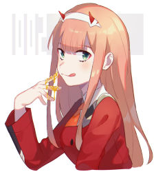 Rule 34 | 1girl, arm up, blush, breasts, closed mouth, collar, commentary request, darling in the franxx, from side, green eyes, hair between eyes, hairband, highres, honey, horns, long hair, long sleeves, looking at viewer, medium breasts, military, military uniform, neckwear request, oni horns, orange neckwear, pink hair, red horns, sidelocks, simple background, smile, solo, tongue, unapoppo, uniform, upper body, white background, white hairband, zero two (darling in the franxx)