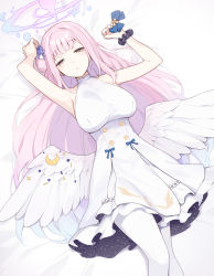 Rule 34 | 1girl, angel wings, arm up, armpits, black scrunchie, blue archive, blue bow, bow, breasts, dress, enosan, feathered wings, frilled dress, frills, hair bun, hair ornament, hair scrunchie, halo, highres, large breasts, long hair, low wings, lying, mika (blue archive), on back, pink hair, scrunchie, single side bun, sleeveless, sleeveless dress, thighhighs, very long hair, white dress, white wings, wings, wrist scrunchie, yellow eyes