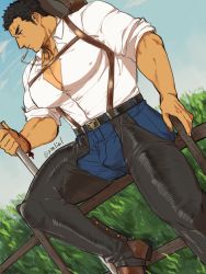 Rule 34 | 1boy, absurdres, bara, bulge, bursting pectorals, chest hair, covered erect nipples, crotchless, crotchless pants, denim, feet out of frame, highres, jeans, large pectorals, looking to the side, male focus, muscular, muscular male, original, outdoors, pants, partially unbuttoned, pectoral cleavage, pectorals, pmlial, scar, scar across eye, scar on face, shirt, short hair, sideburns, sitting, sky, sleeves rolled up, solo, thighs, tight clothes, tight pants, tight shirt, white shirt