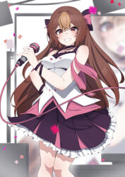 Rule 34 | 1girl, black choker, bow, breasts, brown eyes, brown hair, camisole, choker, collarbone, commission, confetti, copyright request, cowboy shot, cross, cross necklace, frilled skirt, frills, hair bow, highres, holding, holding microphone, jewelry, light brown hair, medium breasts, microphone, multicolored hair, necklace, open mouth, pink bow, pink ribbon, pleated skirt, purple skirt, ribbon, skirt, solo, two-tone bow, two-tone hair, valefal coneri, vgen commission, white camisole