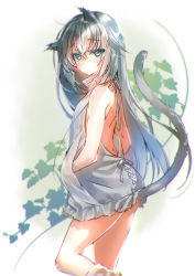 Rule 34 | 1girl, animal ears, backless dress, backless outfit, blush, cat ears, cat girl, cat tail, closed mouth, commentary request, dress, feet out of frame, green eyes, grey hair, grey sweater, hair between eyes, hand in pocket, highres, looking at viewer, looking to the side, meme attire, original, ribbed sweater, shouna mitsuishi, solo, standing, standing on one leg, sweater, sweater dress, tail, tail raised, turtleneck, turtleneck sweater, virgin killer sweater