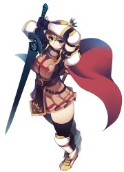 Rule 34 | 1girl, armor, belt, black thighhighs, blonde hair, blue eyes, breasts, brown skirt, buckle, cape, cross, crown, curvy, greaves, hime kishi tame, holding, holding sword, holding weapon, iltina dana strict, large breasts, lord knight (ragnarok online), mil (xration), mini crown, pleated skirt, ragnarok online, simple background, skirt, solo, standing, sword, tabard, textless version, thick thighs, thighhighs, thighs, unsheathed, weapon, white background, wide hips, zettai ryouiki