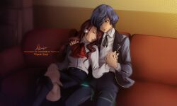 Rule 34 | 1boy, 1girl, absurdres, akiramiyaa, artist name, bedroom, blue hair, commentary, commission, couch, couple, english commentary, head rest, headphones, hetero, highres, holding hands, kirijou mitsuru, persona, persona 3, persona 3 reload, red hair, school uniform, signature, yuuki makoto (persona 3)