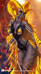 Rule 34 | 1girl, alanscampos, black sclera, black skin, body markings, breasts, claws, colored sclera, colored skin, glasses, highres, horns, kulve taroth, lingerie, looking at viewer, monster girl, monster hunter, monster hunter: world, monster hunter (series), navel, nipples, orange eyes, personification, pussy, solo, sparkle, thighs, underwear