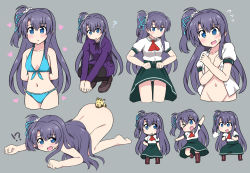Rule 34 | !?, 1girl, bestiality, bikini, blue bikini, blue hair, blush, cat, closed mouth, clothes lift, doggystyle, dress, dress lift, grey background, groin, hair ornament, hair ribbon, lifted by self, long hair, looking at viewer, lyrical nanoha, mahou shoujo lyrical nanoha vivid, multiple views, navel, nude, open mouth, panties, rainbowcard, ribbon, sex, sex from behind, simple background, smile, swimsuit, underwear, white panties, yumina enclave