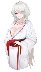 Rule 34 | 1girl, absurdres, acheron (honkai: star rail), alternate breast size, body markings, breasts, bright pupils, cleavage, colored extremities, cropped legs, eyes visible through hair, flower, hair intakes, hair over one eye, highres, honkai: star rail, honkai (series), huge breasts, japanese clothes, kimono, long hair, looking at viewer, niuwajun, official alternate costume, parted lips, red eyes, red flower, red sash, sash, simple background, solo, very long hair, white background, white kimono, white pupils, wide sleeves