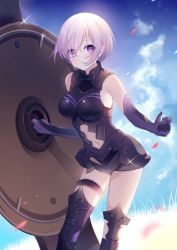 Rule 34 | 1girl, armored boots, armored leotard, black footwear, black leotard, boots, breasts, breasts apart, clothing cutout, elbow gloves, eyes visible through hair, fate/grand order, fate (series), gloves, hair between eyes, holding, holding shield, leotard, mash kyrielight, medium breasts, midriff, navel, purple eyes, purple gloves, shield, short hair, silver hair, solo, sparkle, standing, stomach, stomach cutout, thigh boots, thigh strap, thighhighs, weizhi