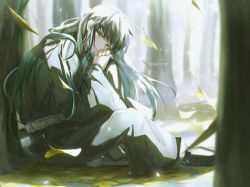 Rule 34 | 1boy, artist name, bare tree, belt, black eyes, black hair, black pants, black shirt, head rest, closed mouth, dal li 0130, day, forest, full body, hands on own knee, highres, kimetsu no yaiba, knee up, korean commentary, leaf, long hair, looking at viewer, loose clothes, male focus, nature, outdoors, pants, sandals, shirt, sitting, smile, solo, sunlight, tokitou muichirou, tree, twintails, twitter username, uniform, wide sleeves