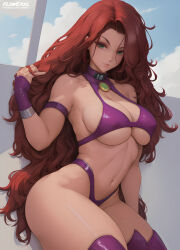 Rule 34 | 1girl, armpit crease, artist name, bra, breasts, brooch, cleavage, collar, dc comics, flowerxl, green eyes, highleg, highleg panties, jewelry, large breasts, long hair, looking at viewer, midriff, navel, panties, patreon username, red hair, revealing clothes, solo, starfire, teen titans, thick thighs, thighhighs, thighs, underboob, underwear, watermark, web address