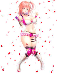 Rule 34 | absurdres, bare shoulders, boots, bow, breasts, choker, collarbone, commentary request, cross-laced footwear, dead or alive, dead or alive 5, dead or alive 6, frills, full body, gloves, highres, honoka (doa), knee boots, lace-up boots, large breasts, lips, long hair, michie sticker, navel, open mouth, petals, pink hair, ponytail, red eyes, shiny skin, short shorts, shorts, side ponytail, simple background, single glove, smile, standing, stomach, thigh strap, thighhighs, thighs, white background, wrestling outfit