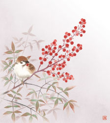 Rule 34 | animal, berry, bird, branch, eurasian tree sparrow, june mina, leaf, no humans, original, plant, sparrow, white background