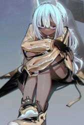 Rule 34 | 1girl, animal ears, arknights, bags under eyes, black gloves, black nails, blush, camel ears, coat, commentary, dark-skinned female, dark skin, fingerless gloves, gloves, highres, lolitamomoya, long hair, long sleeves, looking at viewer, mask, mask around neck, purple eyes, simple background, solo, tuye (arknights), white hair, yellow coat