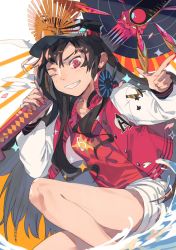 Rule 34 | 1girl, absurdres, bare legs, black hair, black headwear, commentary, fate/grand order, fate (series), feet out of frame, finger gun, grin, headphones, headphones around neck, highres, holding, holding sword, holding weapon, jacket, letterman jacket, long hair, looking at viewer, oda nobunaga (fate), oda nobunaga (koha-ace), oda nobunaga (swimsuit berserker) (first ascension) (fate), one eye closed, open clothes, open jacket, red eyes, red jacket, red shirt, shirt, shorts, simple background, smile, solo, sparkle, sword, taowu (20809), weapon, white background, white shorts, white sleeves