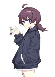 Rule 34 | 1girl, absurdres, ahoge, blue eyes, character charm, closed mouth, cowboy shot, djmax, djmax respect, grey jacket, hand in pocket, highres, iznal, jacket, charm (object), light blush, long sleeves, looking at viewer, low twintails, no pants, play (djmax), purple hair, short hair, short twintails, simple background, solo, twintails, white background