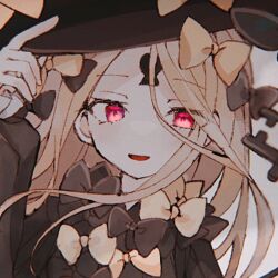 Rule 34 | 1girl, abigail williams (fate), black bow, black dress, black hat, blonde hair, bow, close-up, dress, fate/grand order, fate (series), grey background, hair bow, hat, highres, key, keyhole, kometsubu (nanashi40 1), long hair, looking at viewer, multiple hair bows, orange bow, parted lips, red eyes, smile, solo, witch hat