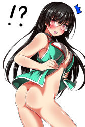 Rule 34 | !?, 10s, 1girl, ^^^, ar (lover boy), ass, bare arms, bare shoulders, black hair, blush, bottomless, breasts, center opening, choukai (kancolle), choukai kai ni (kancolle), cowboy shot, from side, glasses, highres, kantai collection, large breasts, long hair, looking at viewer, looking to the side, no panties, no pants, open clothes, open mouth, open shirt, red eyes, rimless eyewear, shirt, sleeveless, sleeveless shirt, solo, surprised, sweat, undressing