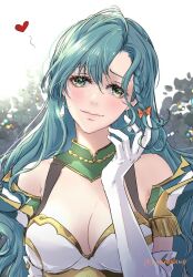 Rule 34 | 1girl, aqua hair, armor, bare shoulders, bow, braid, breasts, chloe (fire emblem), cleavage, commentary, fire emblem, fire emblem engage, gloves, green eyes, hair between eyes, hair bow, hand up, heart, highres, large breasts, long hair, looking at viewer, nintendo, orange bow, shoulder armor, smile, solo, umi ( oneinchswing), upper body, very long hair, white gloves