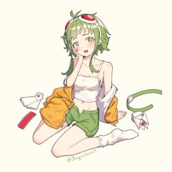 Rule 34 | 1girl, :d, aegissanp, blush, clothing aside, facial mark, goggles, goggles on head, green eyes, green hair, green shorts, gumi, hand on own face, heart, heart facial mark, highres, jacket, looking at viewer, off-shoulder jacket, off shoulder, open mouth, orange jacket, red-tinted eyewear, red goggles, shirt, short hair, short hair with long locks, shorts, sitting, sleeveless, sleeveless shirt, smile, socks, solo, tinted eyewear, twitter username, vocaloid, white background, white shirt, white socks