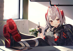 Rule 34 | 1girl, antenna hair, arknights, bandaged leg, bandages, black jacket, black legwear, black scarf, blush, breasts, chair, controller, desk, flyer, grey hair, grey sweater, highres, horns, jacket, licking lips, looking at viewer, medium breasts, nam (nam990902), orange eyes, plant, red hair, red horns, remote control, scarf, shoes, short hair, sleeveless, sleeveless sweater, solo, sunlight, sweater, tongue, tongue out, w (arknights)
