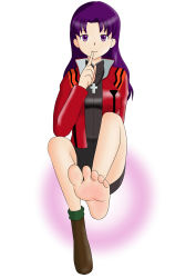 Rule 34 | 1girl, barefoot, boots, feet, finger to mouth, foot focus, highres, jewelry, katsuragi misato, leg lift, long hair, looking at viewer, manam, necklace, neon genesis evangelion, pov, purple eyes, purple hair, shoes, unworn shoes, shushing, single shoe, sitting, smile, soles, toes