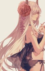 Rule 34 | 1girl, absurdres, ass, babydoll, bad id, bad pixiv id, black babydoll, black panties, breasts, brown eyes, closed mouth, commentary, facial mark, fingernails, flower, grey background, hair flower, hair ornament, hair over one eye, halterneck, highres, kaneblob, lace, lace-trimmed panties, lace trim, lips, long fingernails, long hair, medium breasts, nail polish, original, own hands together, panties, red flower, red nails, see-through, side-tie panties, simple background, solo, standing, underwear, very long hair, white hair