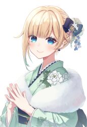 Rule 34 | 1girl, aizawa ema, blonde hair, blue eyes, blush, closed mouth, furisode, gradient hair, green hair, green kimono, highres, japanese clothes, kimono, long sleeves, looking at viewer, multicolored hair, reityana, short hair, smile, solo, transparent background, upper body, virtual youtuber, vspo!
