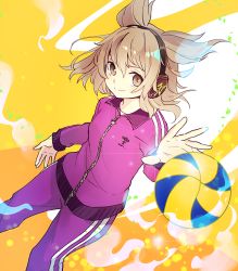 Rule 34 | &gt;:), 1girl, alternate costume, ball, brown eyes, brown hair, closed mouth, earmuffs, long sleeves, looking at viewer, makuwauri, matching hair/eyes, playing sports, pointy hair, short hair, smile, solo, touhou, toyosatomimi no miko, track suit, v-shaped eyebrows, volleyball, volleyball (object), zipper
