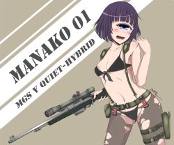 Rule 34 | 1girl, absurdres, bikini, black bikini, blue eyes, blush, breasts, character name, copyright name, cosplay, cowboy shot, cyclops, front-tie bikini top, front-tie top, gun, highres, holding, holding weapon, holster, jay87k, manako, metal gear (series), metal gear solid v: the phantom pain, monster girl, monster musume no iru nichijou, navel, one-eyed, open mouth, pantyhose, pantyhose over swimsuit, purple hair, quiet (metal gear), quiet (metal gear) (cosplay), rifle, signature, small breasts, sniper rifle, solo, suspenders, swimsuit, thigh holster, torn clothes, torn pantyhose, weapon