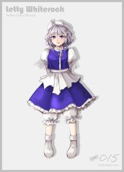 Rule 34 | 1girl, apron, arms behind back, bloomers, blouse, blue skirt, blue vest, boots, border, breasts, closed mouth, commentary request, frilled skirt, frills, full body, grey border, hat, highres, hoshiringo0902, juliet sleeves, lapel pin, letty whiterock, light purple hair, light smile, lips, long sleeves, medium breasts, perfect cherry blossom, puffy sleeves, purple eyes, shirt, short hair, simple background, skirt, smile, solo, standing, touhou, turtleneck, underwear, vest, waist apron, white apron, white background, white bloomers, white footwear, white hat, white shirt