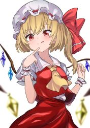 154kuro 1girl :p ascot blonde_hair breasts crystal embodiment_of_scarlet_devil finger_to_face flandre_scarlet hat hat_ribbon highres mob_cap multicolored_wings one_side_up puffy_short_sleeves puffy_sleeves red_eyes red_skirt red_vest ribbon scrunchie short_sleeves side_ponytail simple_background skirt skirt_set small_breasts solo tongue tongue_out touhou vest white_background white_hat wings wrist_scrunchie yellow_ascot