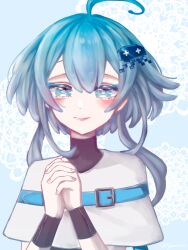 Rule 34 | 1boy, ahoge, black sweater, blue eyes, blue hair, blush, closed mouth, highres, lim (technoroid), looking at viewer, male focus, nyauame, own hands together, short hair, short hair with long locks, smile, solo, sweater, technoroid, trap, turtleneck, turtleneck sweater, white background, white sweater