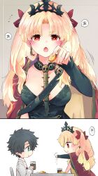 Rule 34 | 1boy, 1girl, azumi (myameco), black hair, blonde hair, breasts, cleavage, cup, earrings, ereshkigal (fate), fate/grand order, fate (series), fujimaru ritsuka (male), holding, holding cup, jewelry, long hair, looking at another, looking at viewer, medium breasts, open mouth, red eyes, short hair, tiara