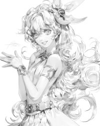 Rule 34 | 1girl, absurdres, bare shoulders, belt, bracelet, greyscale, hair ornament, highres, jewelry, long hair, looking at viewer, monochrome, nia teppelin, own hands together, signature, simple background, sketch, smile, solo, tengen toppa gurren lagann, vlfdus 0, wavy hair, white background