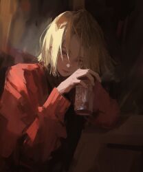 Rule 34 | 1boy, 96yottea, absurdres, black shirt, blonde hair, brown eyes, closed mouth, drink, expressionless, gradient background, haikyuu!!, highres, holding, holding drink, jacket, kozume kenma, looking at viewer, male focus, medium hair, red jacket, shirt, simple background, solo