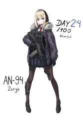 Rule 34 | 1girl, an-94, assault rifle, black gloves, black pantyhose, blonde hair, blue eyes, blue skirt, chest rig, commentary, english commentary, english text, expressionless, fur-trimmed jacket, fur trim, gloves, gun, haonfest, highres, jacket, necktie, optical sight, original, pantyhose, purple jacket, red necktie, rifle, shirt, skirt, solo, twitter username, weapon, white background, white shirt