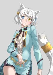 Rule 34 | 1girl, absurdres, animal ears, ascot, blue eyes, byakko (kemono friends), center frills, chain, commentary, cowboy shot, extra ears, frills, grey background, heterochromia, highres, jewelry, kemono friends, long sleeves, looking at viewer, ring, short hair, shorts, simple background, solo, tail, tanabe (fueisei), white hair, yellow eyes