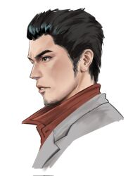 Rule 34 | 1boy, black hair, blazer, brown eyes, collared shirt, commentary, corrupted twitter file, expressionless, facial hair, goatee, grey jacket, hair slicked back, highres, jacket, kiryu kazuma, looking afar, male focus, parted lips, popped collar, portrait, red shirt, ryuu ga gotoku (series), ryuu ga gotoku 1, shirt, short hair, simple background, solo, white background, zhaiju2