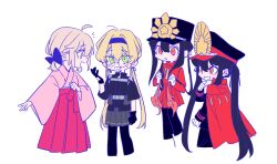 Rule 34 | 4girls, alternate hairstyle, black bow, black hair, blonde hair, bow, cape, cowboy shot, dress, family crest, fate/grand order, fate (series), fiery hair, genderswap, genderswap (mtf), glass, green eyes, hair between eyes, hair bow, hat, japanese clothes, long hair, long sleeves, looking at viewer, medallion, military hat, multiple girls, nicole lowenbrau (sempon (doppio note)), oda nobukatsu (fate), oda nobunaga (fate), oda uri, official alternate costume, okita souji (fate), open mouth, parted lips, peaked cap, ponytail, red cape, red eyes, sempon (doppio note), shirt, siblings, simple background, skirt, smile, sweatdrop, twintails, white background