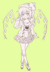 Rule 34 | 1girl, bow, casual, flandre scarlet, full body, hat, hat bow, jacket, crossed legs, miniskirt, monochrome, naegi (naegidokoro), open clothes, open jacket, open mouth, simple background, skirt, solo, standing, touhou, wings