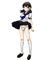 Rule 34 | 1girl, black eyes, black footwear, black hair, black sailor collar, black skirt, blouse, blue neckerchief, blush, bow, bow panties, clenched hands, closed mouth, clothes lift, crotch seam, frown, full body, grey panties, hair tie, highres, kneehighs, loafers, looking to the side, low twintails, maburu (lojyq1eur3e8bit), medium hair, midriff peek, miniskirt, neckerchief, original, panties, pleated skirt, sailor collar, school uniform, serafuku, shirt, shoes, short sleeves, simple background, skirt, skirt lift, socks, solo, standing, twintails, underwear, white background, white shirt, white socks, wind, wind lift