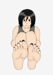Rule 34 | 1girl, barefoot, black eyes, black hair, feet, legs together, mikasa ackerman, nail polish, sharp toenails, shingeki no kyojin, smile, soles, solo, tank top, toenail polish, toenails, white background