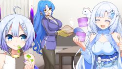 Rule 34 | 3girls, ahoge, animal, animal on shoulder, aqua eyes, bare shoulders, biting, blue hair, eating, ferret, food, glasses, goki (voicevox), holding, holding cooking pot, holding spork, ice cream, ice cream cup, indoors, long hair, looking at another, mono (moiky), multiple girls, no. 7 (neutrino), open mouth, oven mitts, pointy ears, ponytail, purple nails, short hair, smile, spork, triangle hair ornament, voicevox, whitecul
