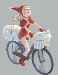 Rule 34 | 1girl, basket, bicycle, blue eyes, blunt bangs, blush, boots, capelet, dress, floating hair, fur-trimmed boots, fur trim, gloves, grey background, hat, long hair, looking at viewer, original, panties, pantyshot, parted lips, pom pom (clothes), red dress, red footwear, red gloves, riding, sack, santa costume, santa hat, short dress, silver hair, simple background, sitting, solo, strapless, strapless dress, thighhighs, tube dress, underwear, weno, white thighhighs, wind