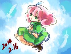 Rule 34 | 1girl, blue hairband, blue sky, curly hair, dress, feathers, green dress, green eyes, hairband, hands on own chest, looking at viewer, onedaycoffe, panel de pon, pink hair, pointy ears, sky, solo, windy (panel de pon)